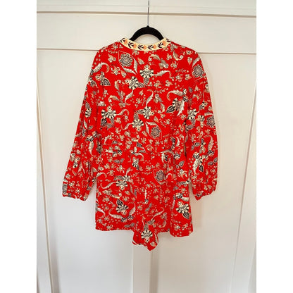 Farm Rio Printed Kimono Style Romper Shorts Orange Black White