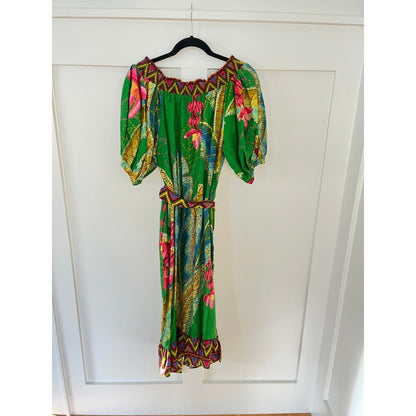FARM Rio Off Shoulder Maxi Dress Green Floral Puff Sleeve Tie Waist S