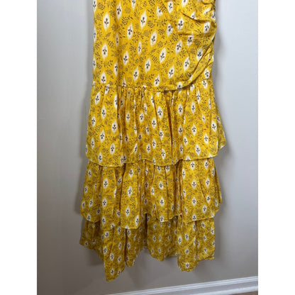 Veronica Beard Yellow Ikat Floral One Shoulder Tiered Ruffle Midi Dress Size 0