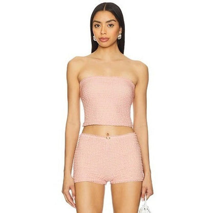 Show Me Your Mumu Nicki Tube Top & Niki Shorts Set Pink Textured L