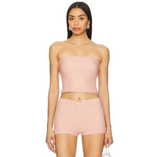 Show Me Your Mumu Nicki Tube Top & Niki Shorts Set Pink Textured L