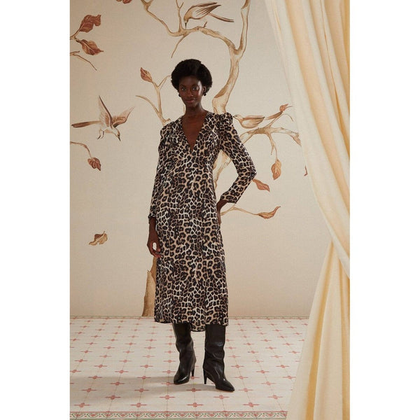 Farm Rio Leopard Print Puff Shoulder V-Neck Midi Dress Long Sleeve Animal Print