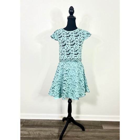 Alexis Tovi Lace Crop Top & Skirt Two Piece Set in Misty Blue Small Floral Lined