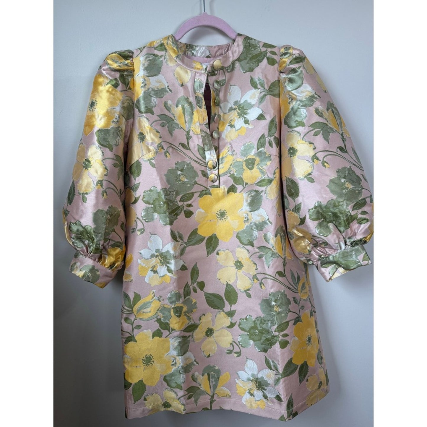 Pomander Place Floral Brocade Puff Sleeve Shift Dress Pink Yellow Green Small