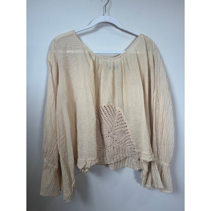 Jade Gypsy Boho Crochet Lace Gauze Peasant Blouse Bell Sleeve Cream Top Womens