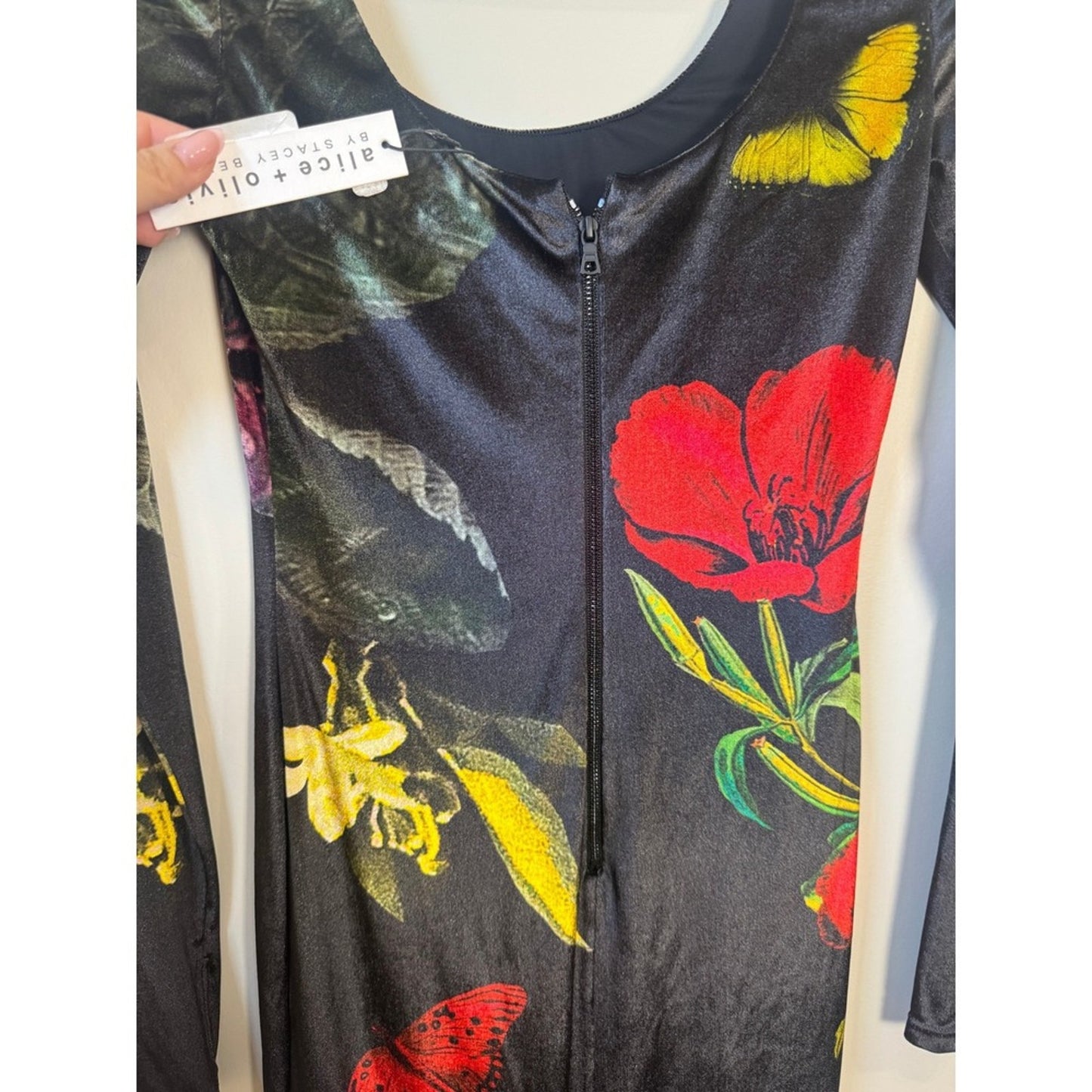 Alice + Olivia Delora Floral Butterfly Midi Dress Black Long Sleeve Scoop Neck