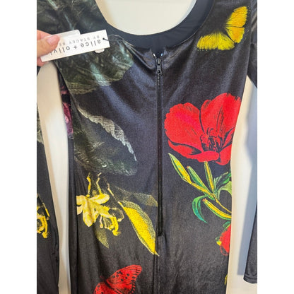 Alice + Olivia Delora Floral Butterfly Midi Dress Black Long Sleeve Scoop Neck