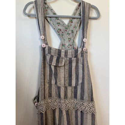Jaded Gypsy Boho Patchwork Striped Overalls Grey White Lace Trim Slouchy Womens