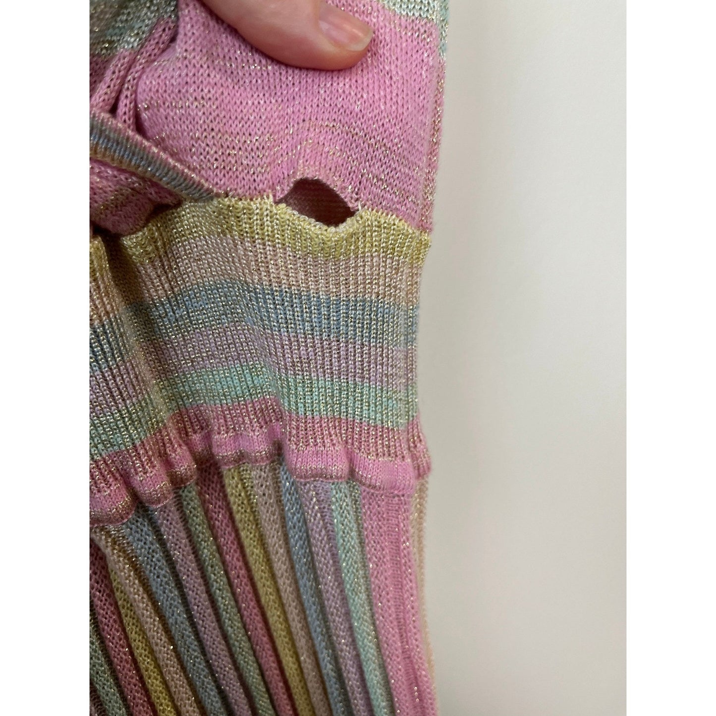 LoveShackFancy Mylene Ribbed Knit Maxi Dress Pastel Sunrise Metallic Size LG