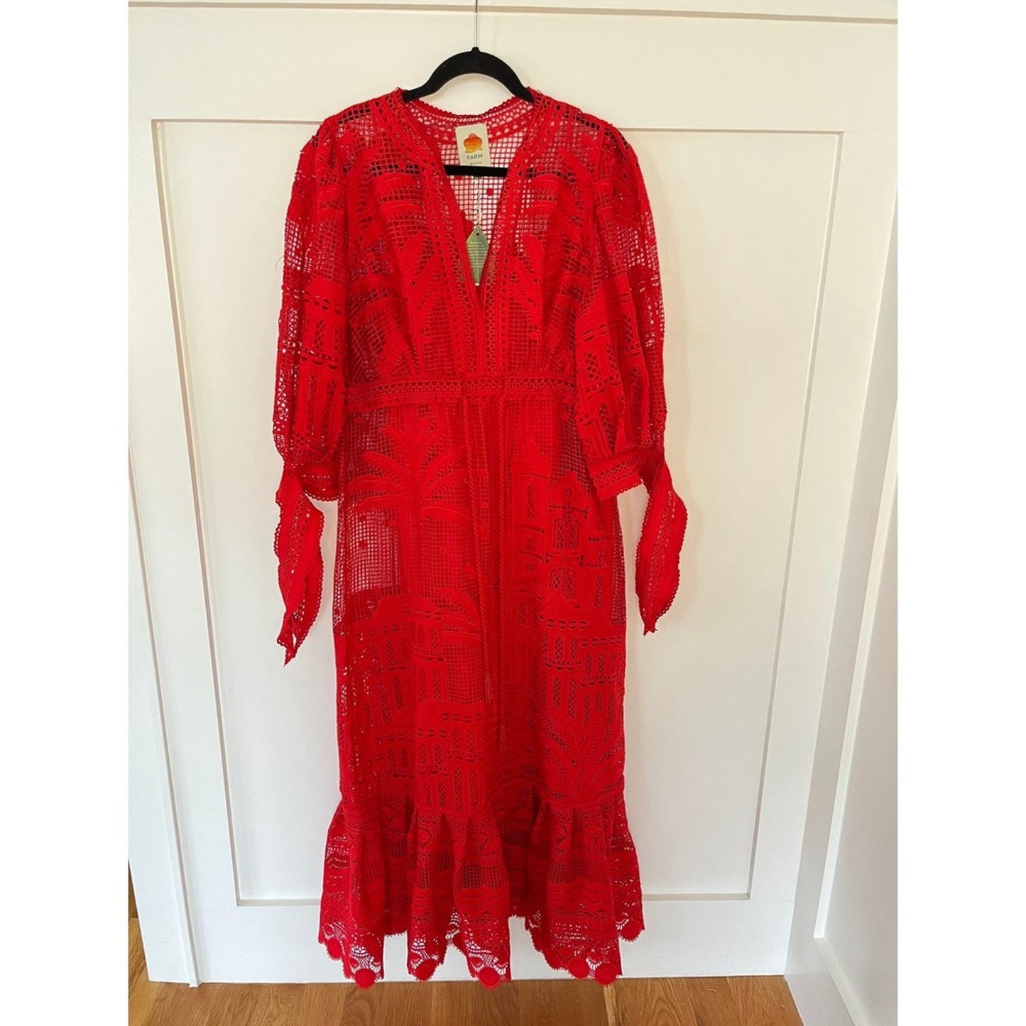 Farm Rio Maxi Dress Red Lace V Neck Long Sleeve Tie Waist Tiered Ruffle Size S