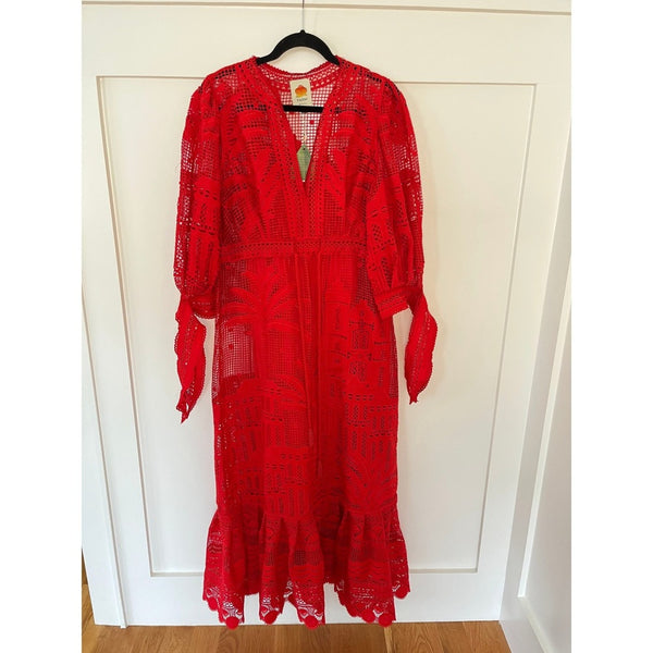 Farm Rio Maxi Dress Red Lace V Neck Long Sleeve Tie Waist Tiered Ruffle Size S