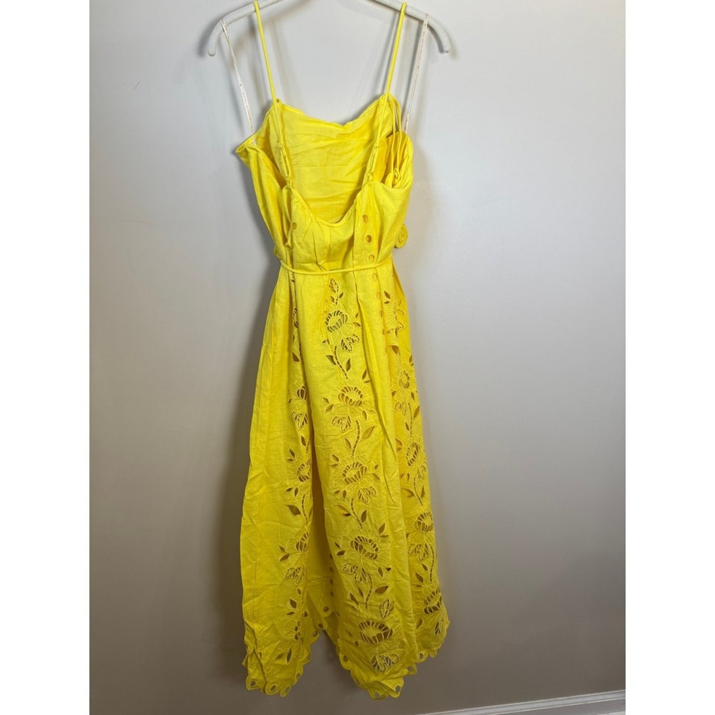 Farm Rio Yellow Floral Eyelet Midi Dress Scalloped Hem Tie Waist NWT