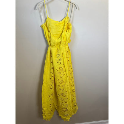 Farm Rio Yellow Floral Eyelet Midi Dress Scalloped Hem Tie Waist NWT