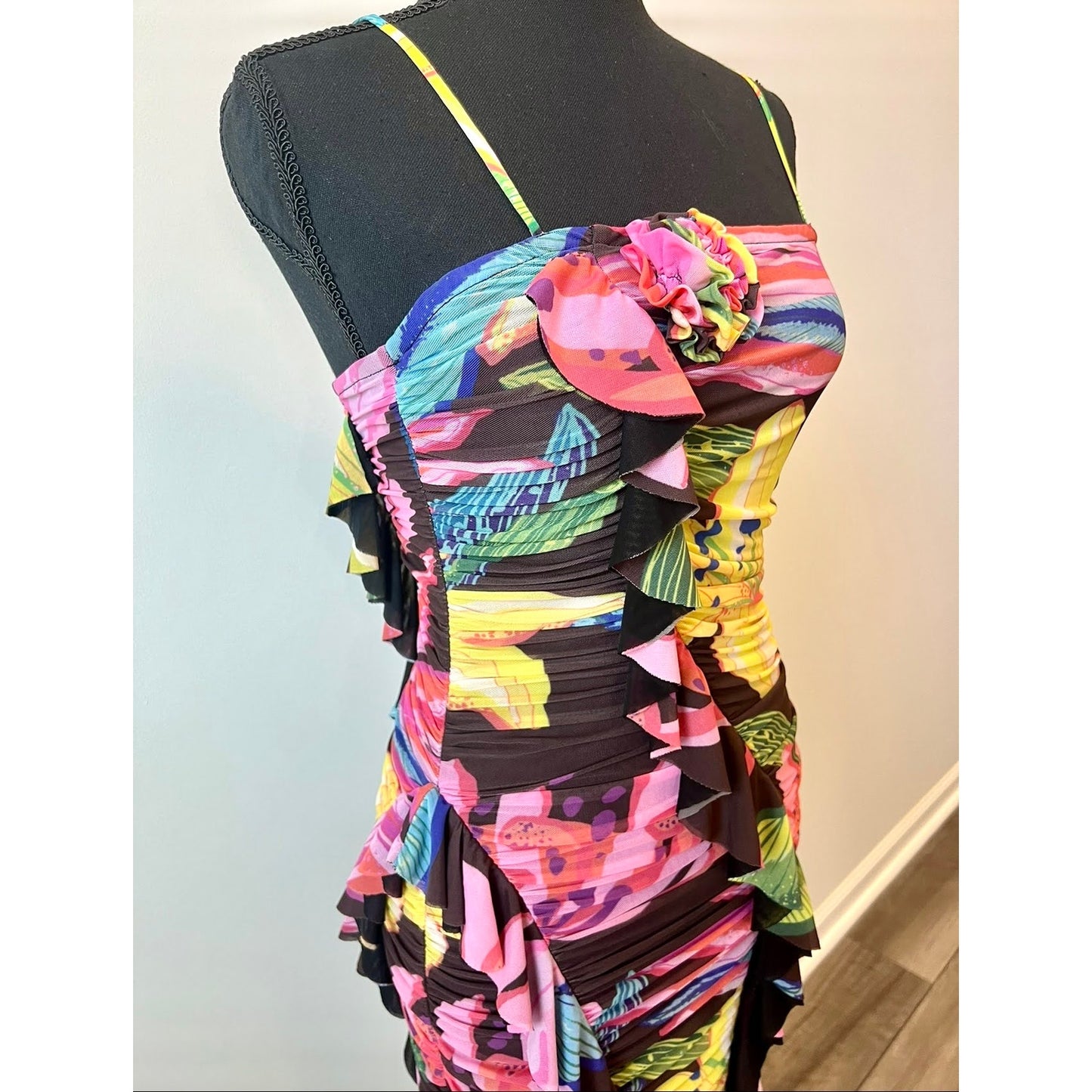 Rococo Sand Chris Midi Dress in Black Small Floral Ruffle Ruched Stretch Lined
