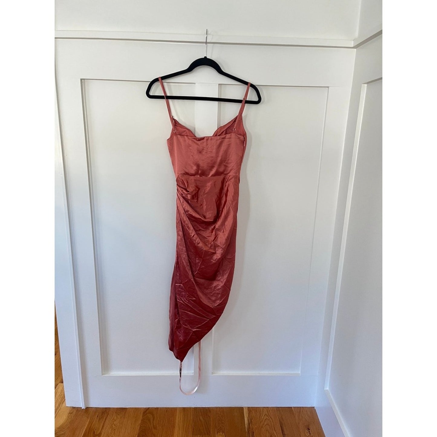 House of CB Reva Satin Cowl Neck Ruched Midi Dress Rose Gold XS