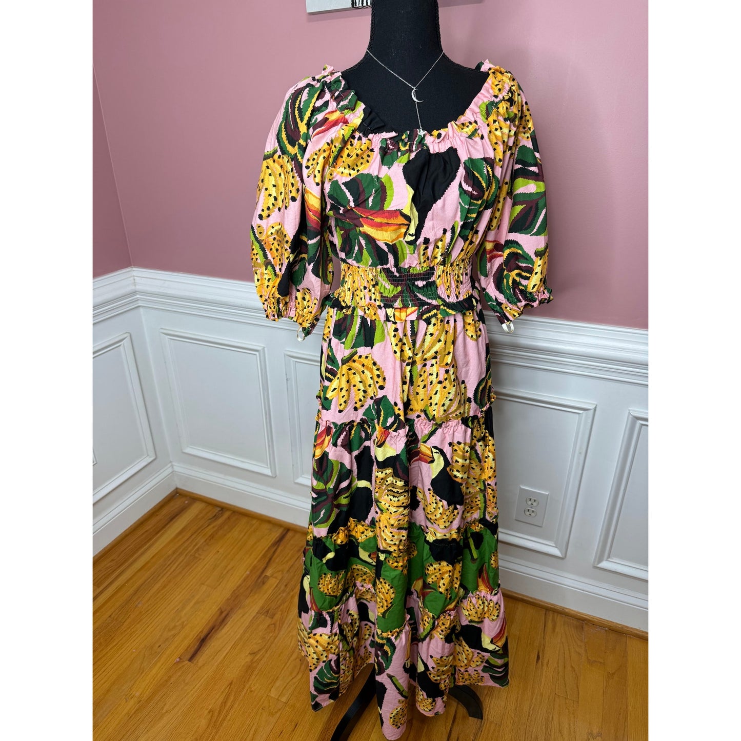 Farm Rio The Pink Toucananas Maxi Dress Size XS Graphic Print 3/4 Sleeve Cotton