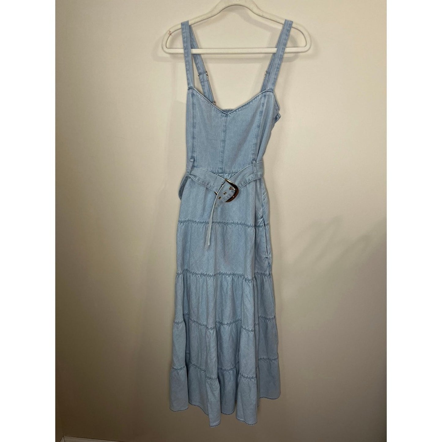 NEW NWT Show Me Your Mumu Lainey Midi Dress Dew Drop Denim Tiered Belted Large
