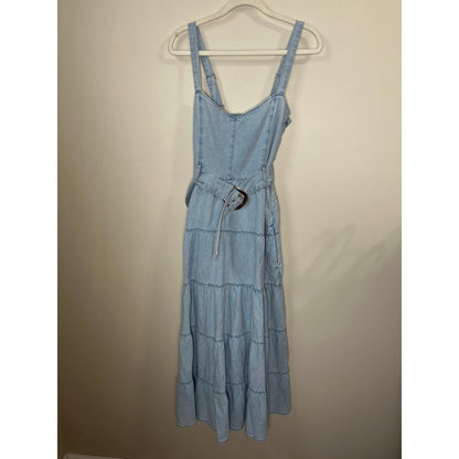 NEW NWT Show Me Your Mumu Lainey Midi Dress Dew Drop Denim Tiered Belted Large