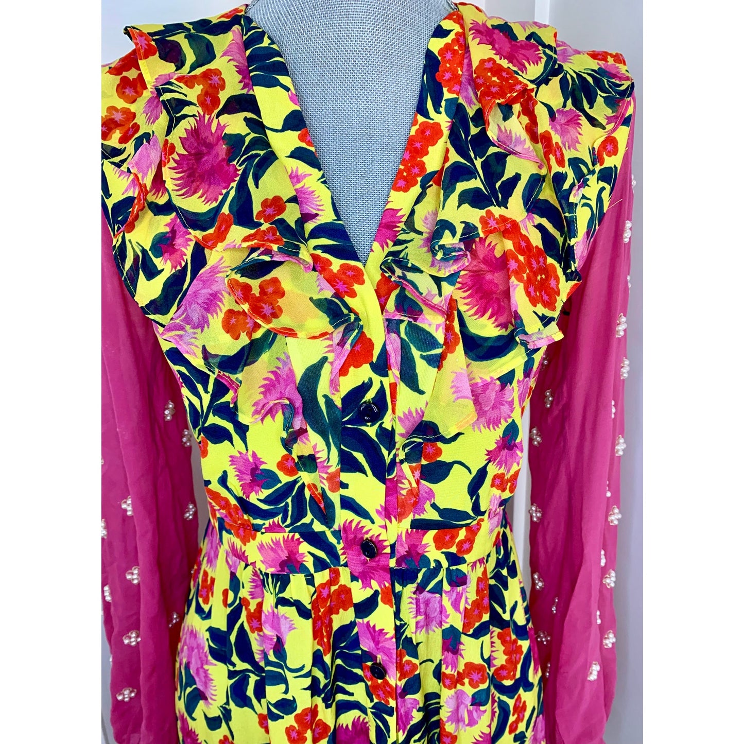 Saloni Ginny Maxi Dress in Multicolor Floral Size 4 Embellished Long Sleeve Silk