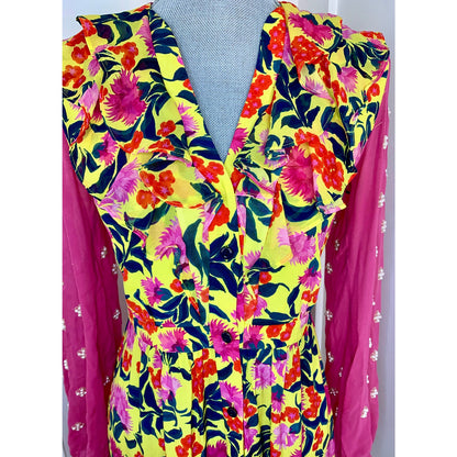 Saloni Ginny Maxi Dress in Multicolor Floral Size 4 Embellished Long Sleeve Silk