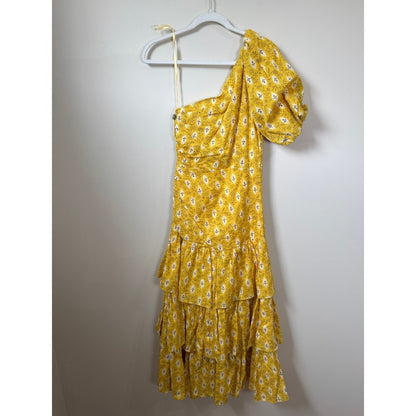 Veronica Beard Yellow Ikat Floral One Shoulder Tiered Ruffle Midi Dress Size 0