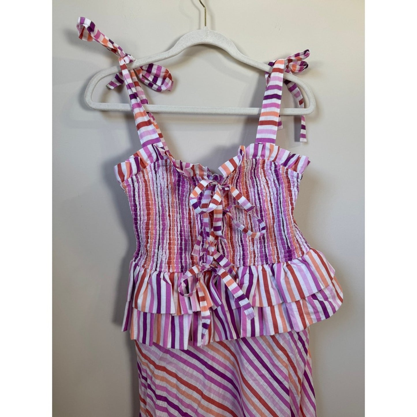CeliaB Striped Maxi Dress Pink Orange Smocked Bodice Ruffle Hem Tie Shoulder NEW