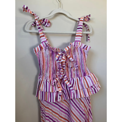 CeliaB Striped Maxi Dress Pink Orange Smocked Bodice Ruffle Hem Tie Shoulder NEW