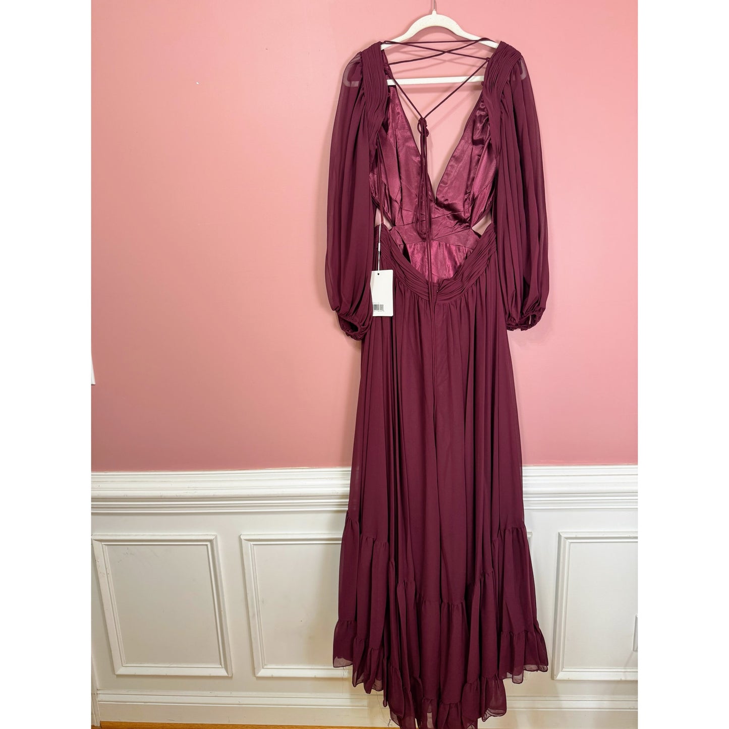 NEW NWT Mac Duggal Pleated Cut Out Long Sleeve Lace Up Tiered Gown STYLE 67948 Size 16 Plum