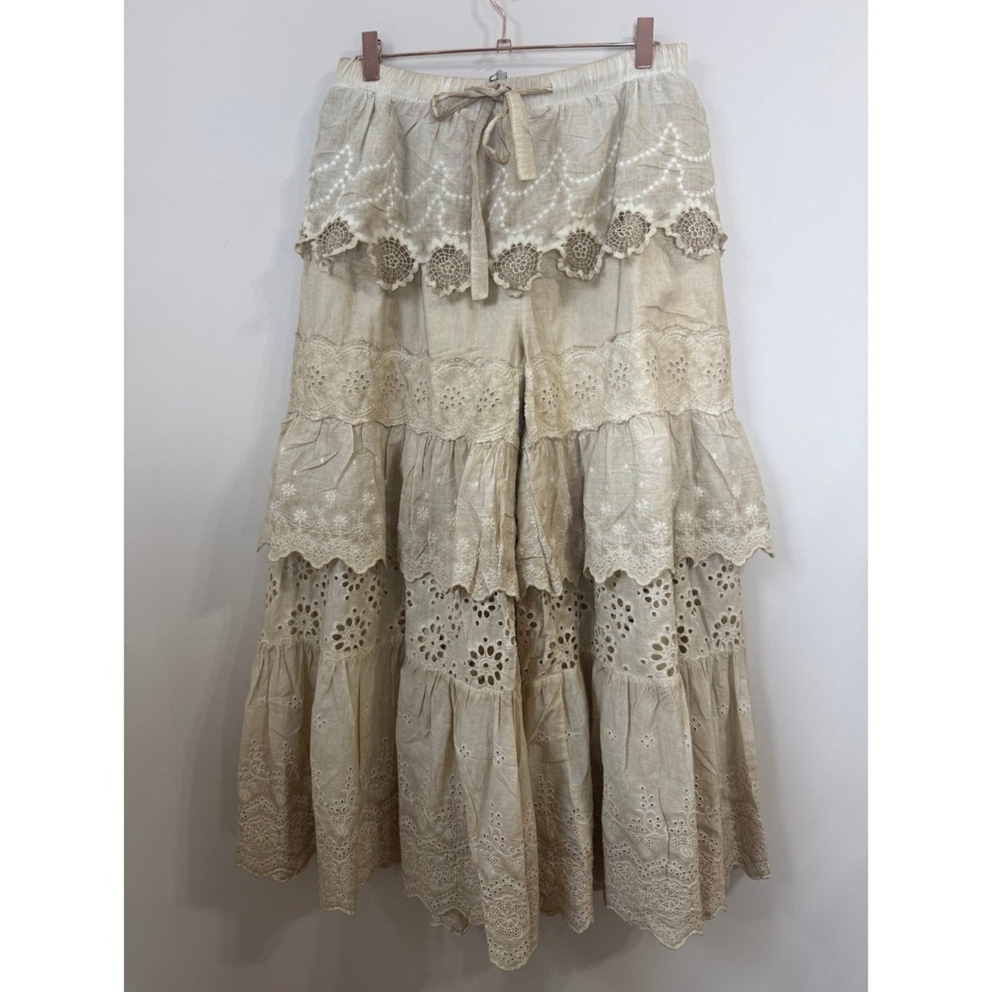 Jaded Gypsy Boho Tiered Eyelet Lace Wide Leg Pants Beige Ruffle Lagenlook Pants