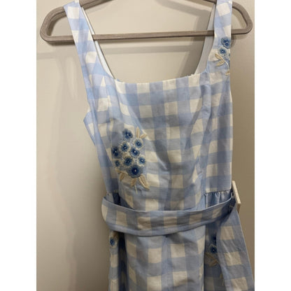 Sachin & Babi Bryce Blue Gingham Floral Embroidered Belted Midi Dress Size 8 NEW