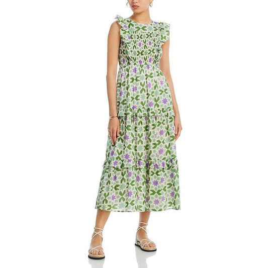 Banjanan Iris Smocked Ruffle Midi Dress in Star Gazer Jade Medium Lined Cotton