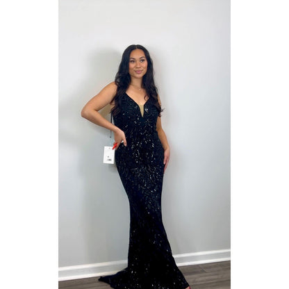 Mac Duggal Embellished Leaf Beaded Gown Black Size 6
