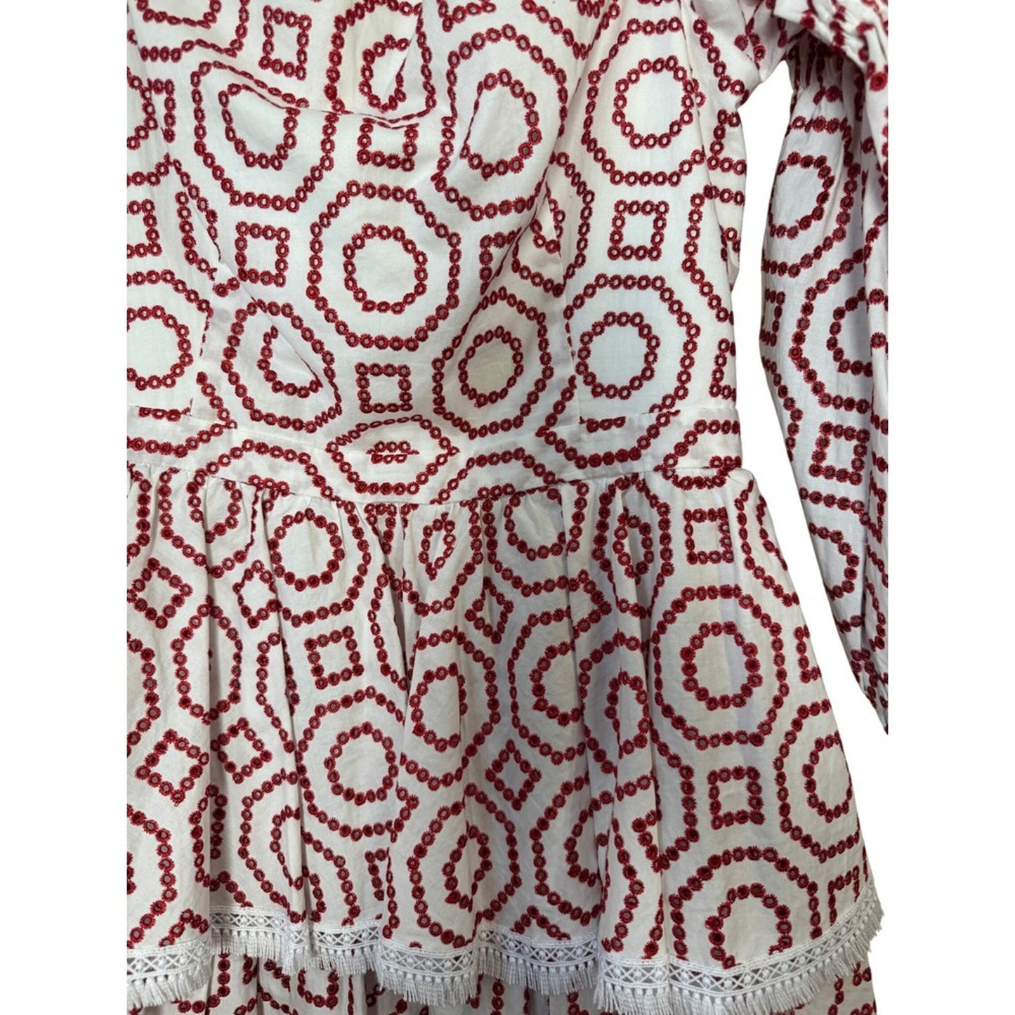 ALEXIS White Red Geometric Embroidered Tiered Square Neck Mini Dress M