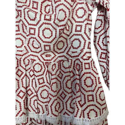 ALEXIS White Red Geometric Embroidered Tiered Square Neck Mini Dress M
