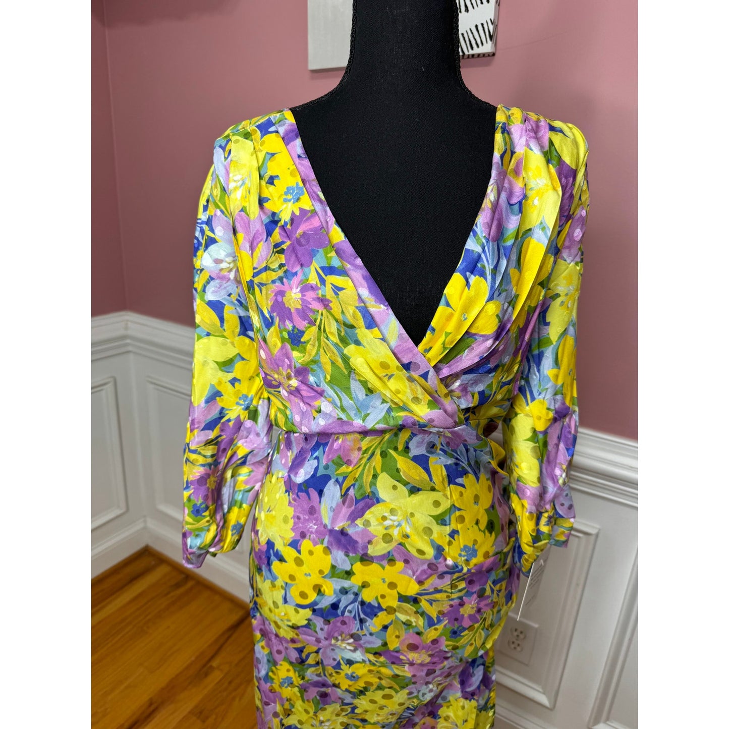 For Love & Lemons Cassia Midi Dress in Lemon Floral Size 1X 3/4 Sleeve V-Neck