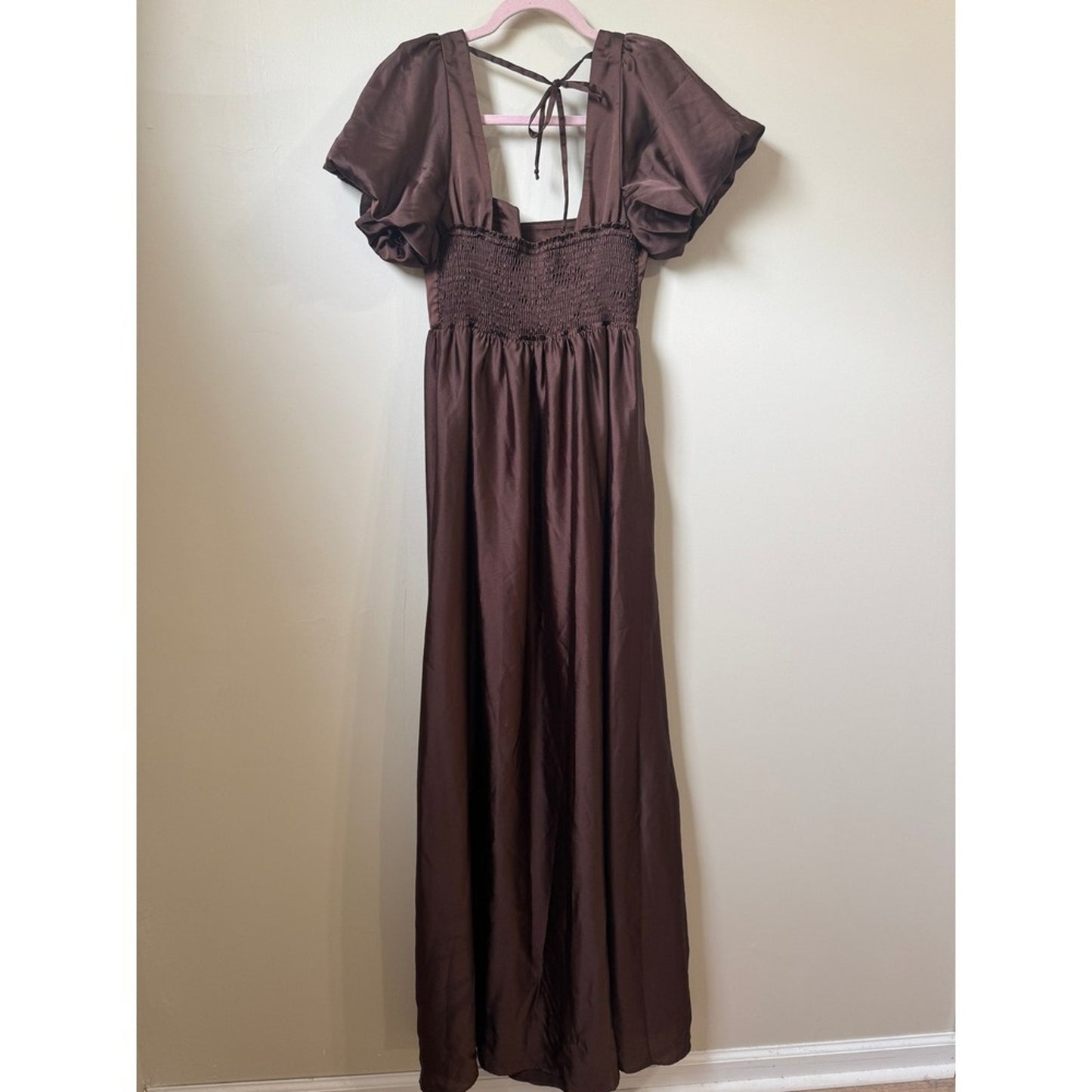 Show Me Your Mumu Brown Satin Puff Sleeve Maxi Dress Smocked Back Size Large