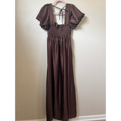 Show Me Your Mumu Brown Satin Puff Sleeve Maxi Dress Smocked Back Size Large