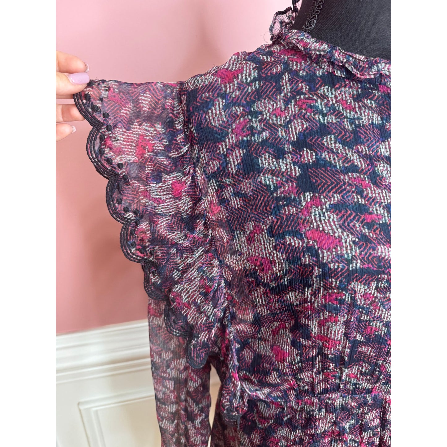 IRO Tinkle Mini Dress Size 18W Sheer Viscose Printed High Neck Long Sleeve