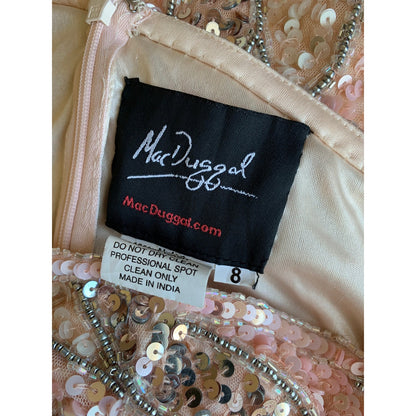 MacDuggal One Shoulder Sequin Gown Maxi in Pink/Silver Size 8 Beaded Long Sleeve