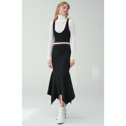 NEW NWT A.L.C. Anders Hankerchief Hem Ribbed Midi Dress in Black Stripe Size Large