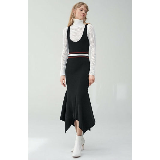 NEW NWT A.L.C. Anders Hankerchief Hem Ribbed Midi Dress in Black Stripe Size Large