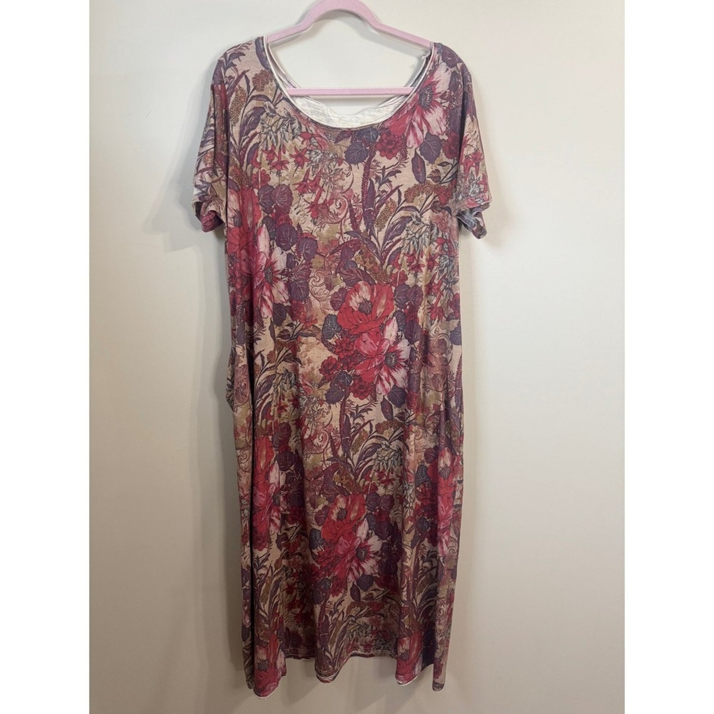 Jaded Gypsy Floral Maxi Dress Boho Short Sleeve Pockets Red Mauve NWT