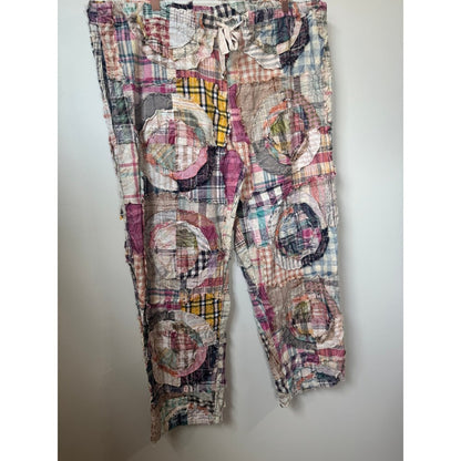 Jaded Gypsy Women Patchwork Plaid Boho Pants Straight Leg Drawstring