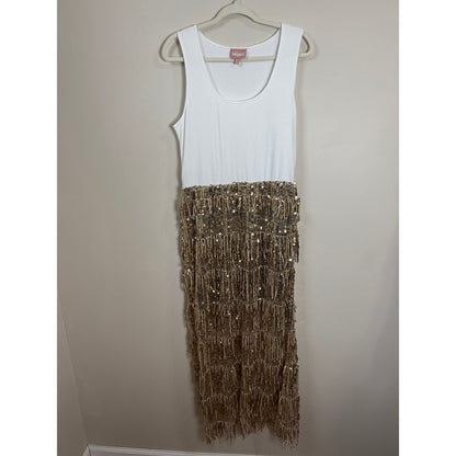 Show Me Your Mumu Sequin Fringe Maxi Dress White Gold Ribbed Tank XL Party NYE