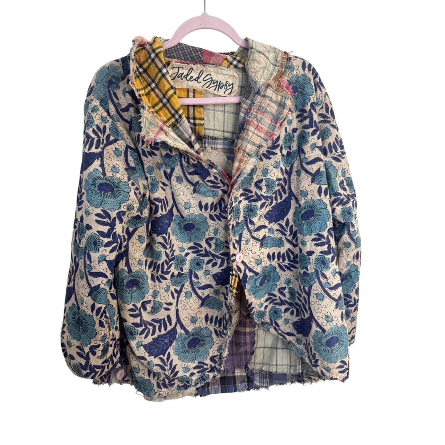 Jaded Gypsy Reversible Patchwork Plaid Floral Boho Jacket Multi Color Women L/XL
