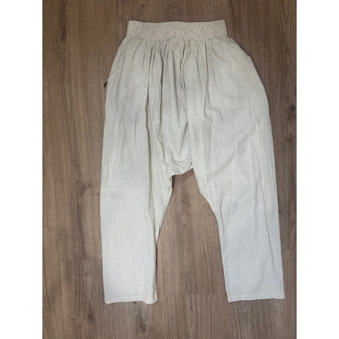 Jaded Gypsy Striped Linen Harem Pants Cream Grey Drop Crotch Boho Tapered Leg L