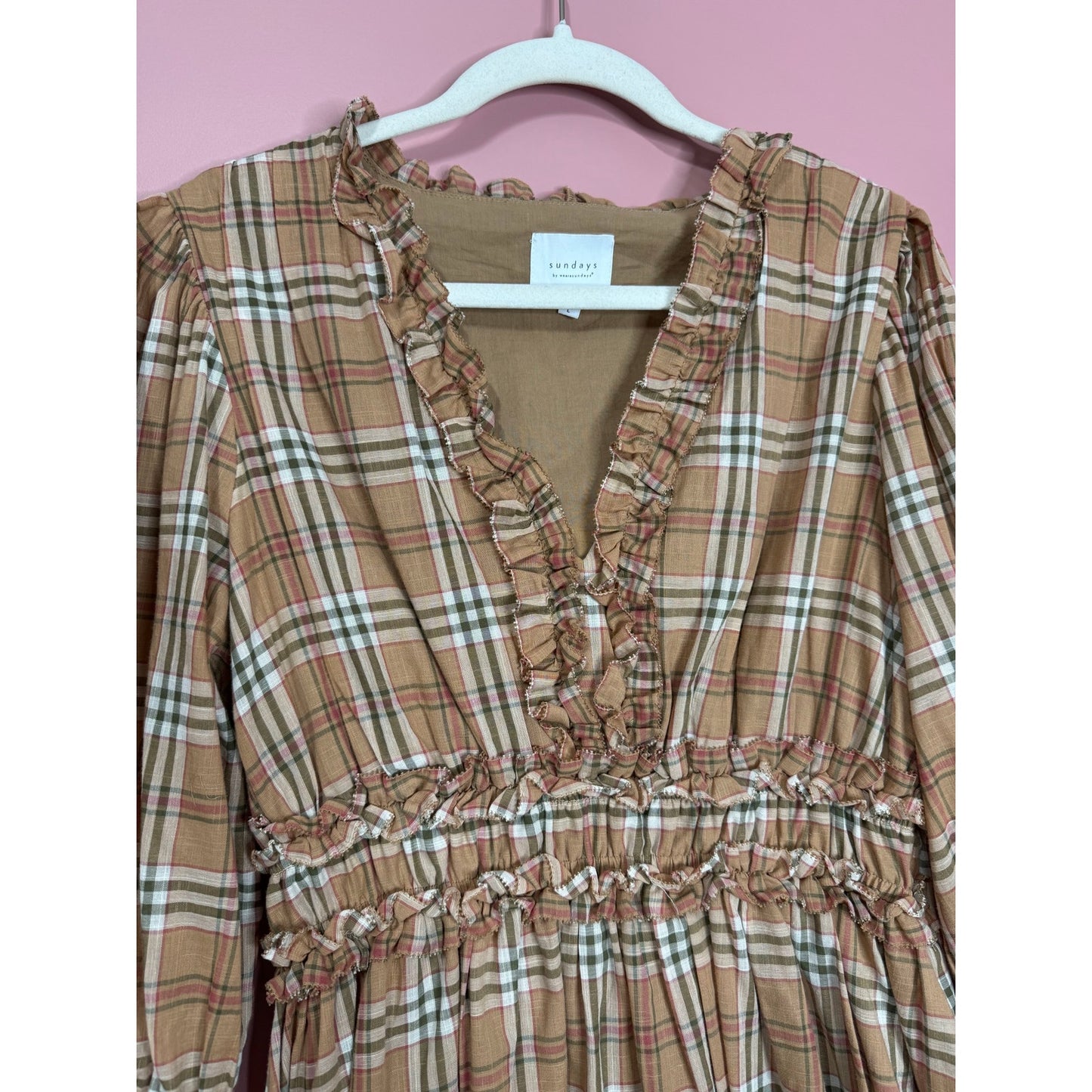 We Are Sundays Maisie Mini Dress in Tannin Plaid Large 3/4 Sleeve V-Neck Ruffle