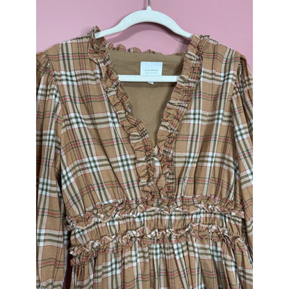 We Are Sundays Maisie Mini Dress in Tannin Plaid Large 3/4 Sleeve V-Neck Ruffle