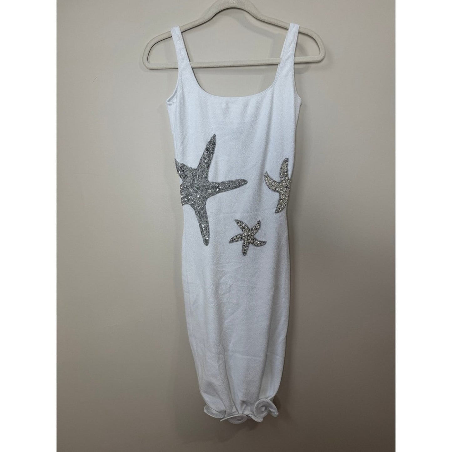 Leslie Amon White Starfish Embellished Midi Dress Silver Sequin Pearl Nautical