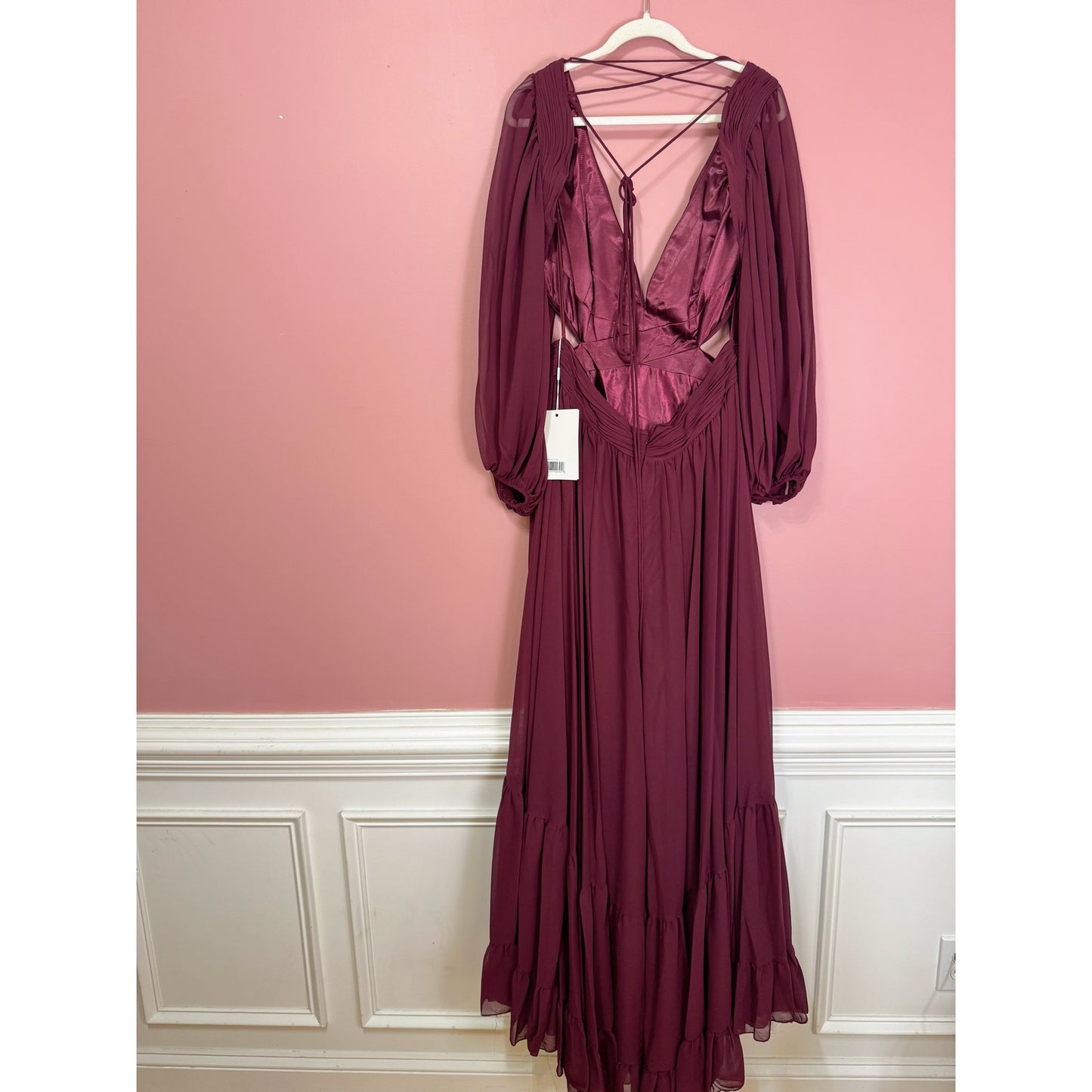 NEW NWT Mac Duggal Pleated Cut Out Long Sleeve Lace Up Tiered Gown STYLE 67948 Size 16 Plum